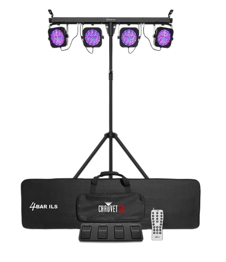 Stage lighting system: black stand with four purple LED lights, carrying bag, footswitch, and remote.