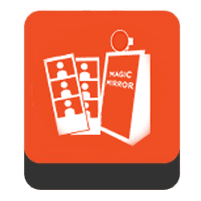 Orange square icon with a white photo booth setup and prints; the words 