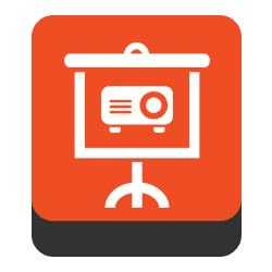Presentation screen and projector icon in a red square.