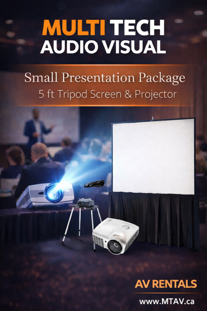 Advertisement for small presentation package: 5 ft screen, projector. Blue light projected onto the screen in a conference setting.