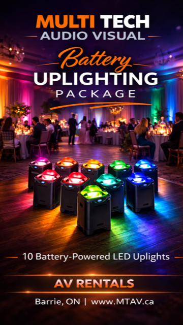 Ad for Multi Tech Audio Visual, offering a battery-powered uplighting package. Colorful lights illuminate a reception hall.