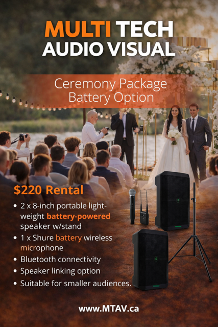 Advertisement for audio equipment rental for ceremonies. Shows a wedding scene with speaker, microphone, and pricing.