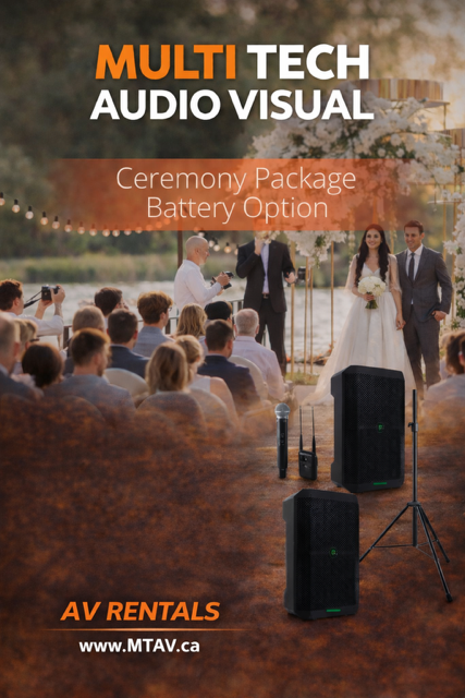 Advertisement for audio-visual rentals with a wedding ceremony in the background and speakers, mics in the foreground.