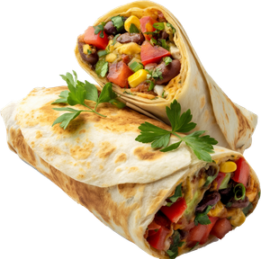 Two burritos are stacked on top of each other on a white background