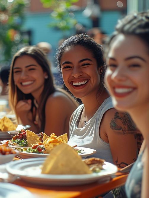 Three women are sitting at a table with plates of food and smiling.