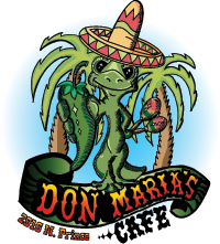 A lizard wearing a sombrero and holding a flower is a logo for don maria 's cafe