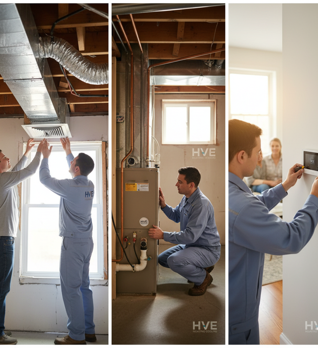 HVAC technicians installing ductwork, a furnace, and a thermostat in a home.