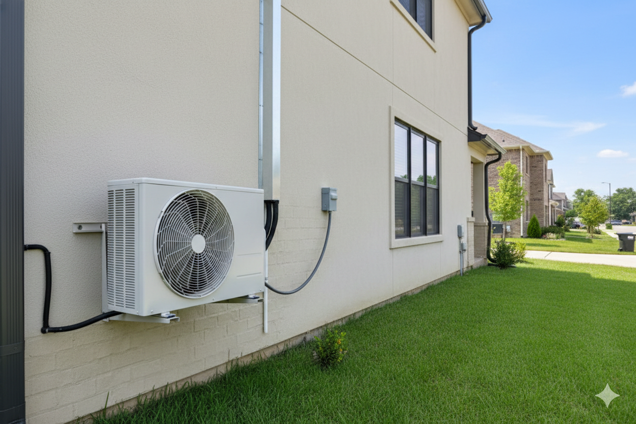 An air conditioning unit mounted on a light beige house exterior with a green lawn.