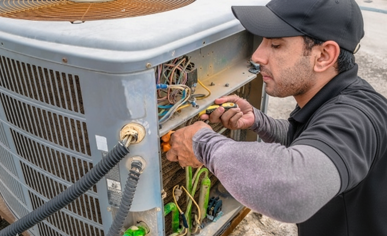 HVAC technician in black cap and shirt, working on outdoor air conditioner unit, using tools.