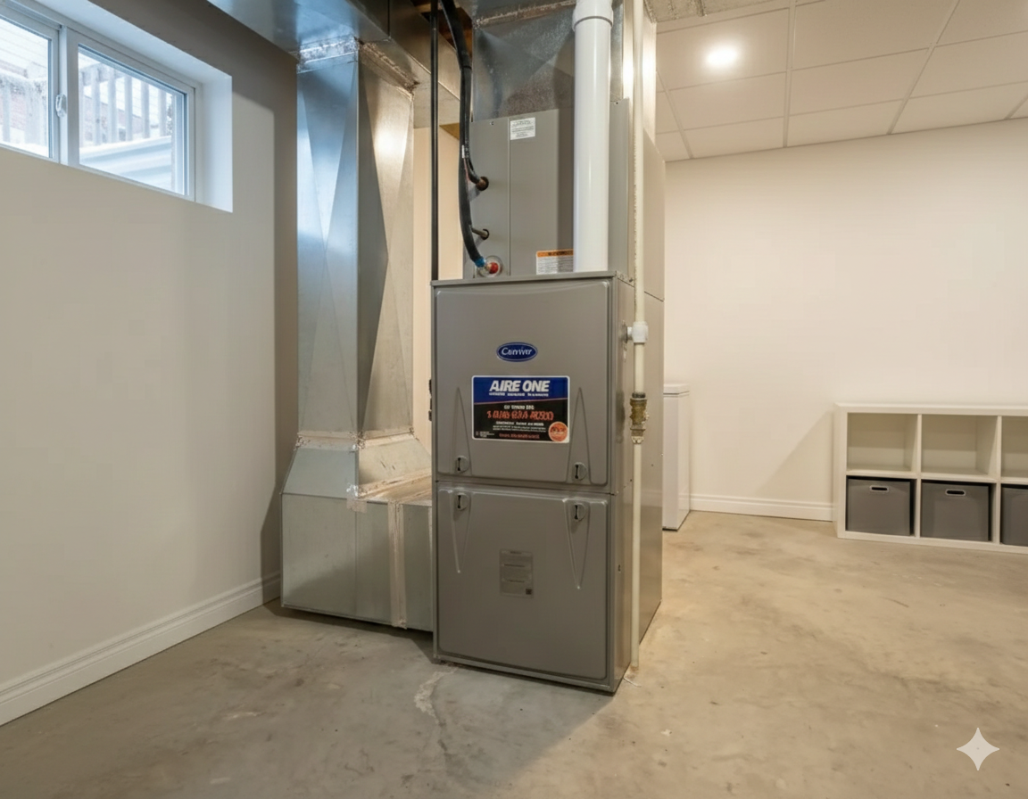 Before and after of a boiler replacement. The old green boiler is replaced by a white one. Copper pipes and brick wall.