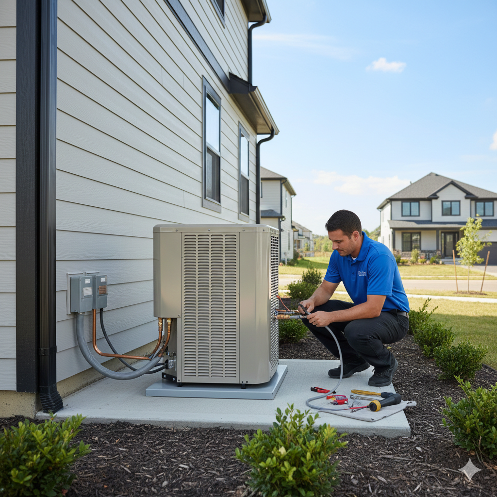 HVAC technician working on an air conditioning unit outside a house on a sunny day.