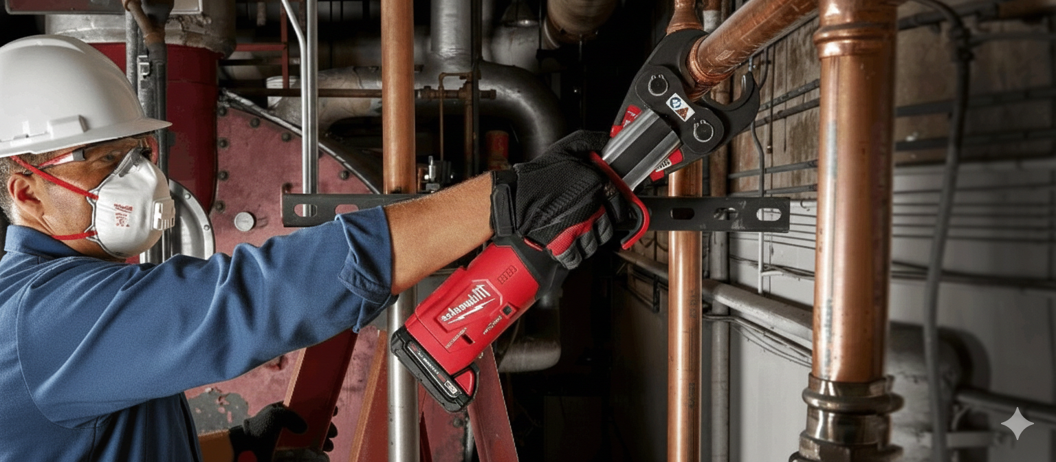 A worker in a blue shirt, white hardhat, and respirator using a red and black press tool on copper pipes.