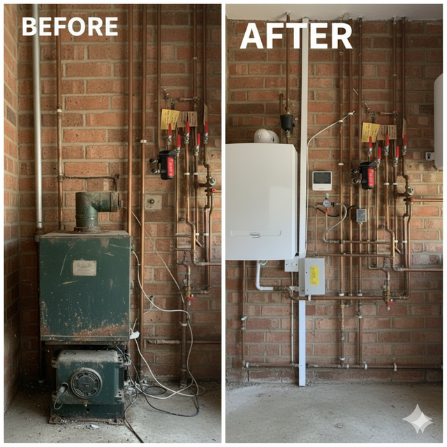 Before and after of a boiler replacement. The old green boiler is replaced by a white one. Copper pipes and brick wall.