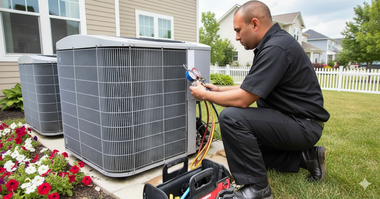 HVAC technician kneeling, working on an outdoor air conditioner unit in a yard.