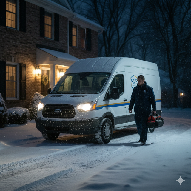 A service van parked in front of a house at night, worker walking towards the home in snow.