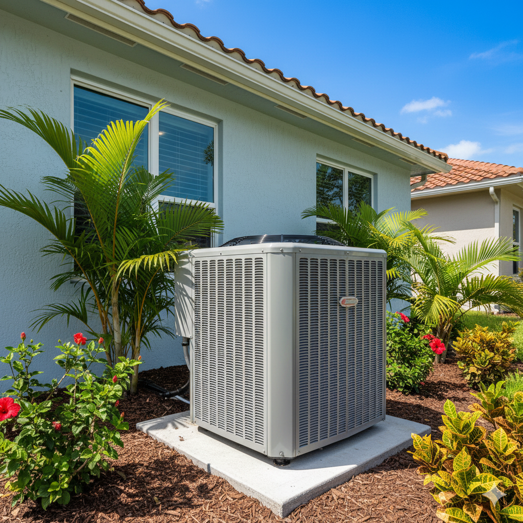 Central air conditioning unit outside a light blue house, surrounded by tropical plants and a sunny sky.