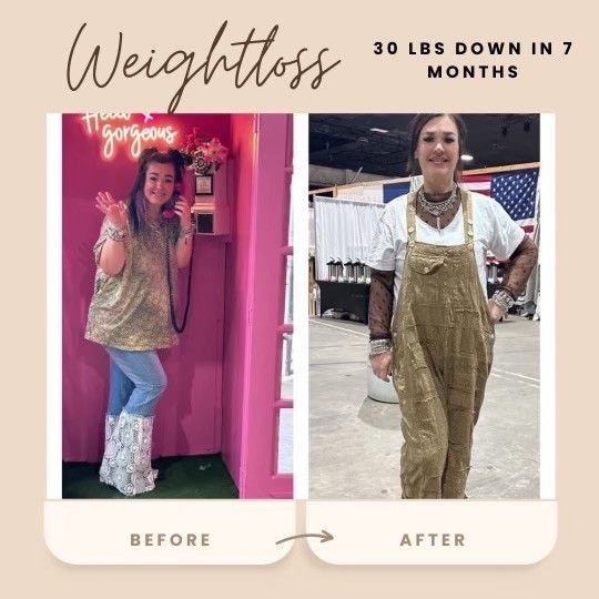Weight loss before and after: Woman in glittery outfit before, overalls after. Lost 30 lbs in 7 months.