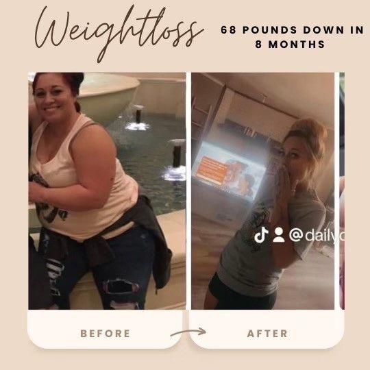 Weight loss before/after photos. Woman lost 68 lbs in 8 months. Before: smiling in beige top. After: smiling in a gray shirt.