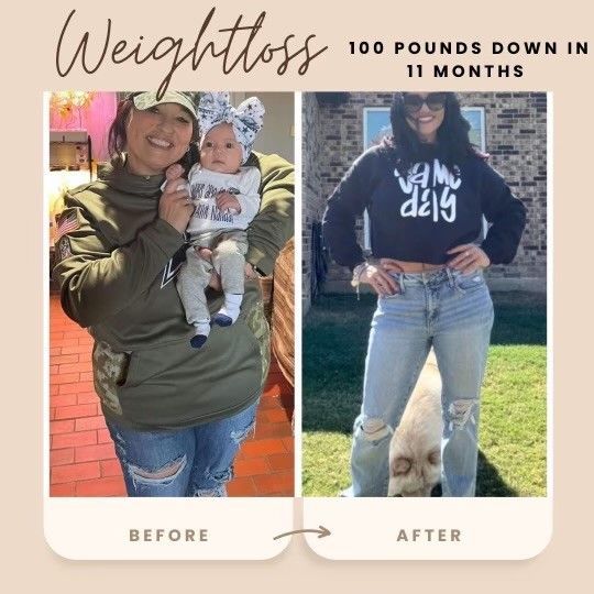 Weight loss transformation: Woman holding baby before, wearing jeans and crop top after. 100 pounds lost in 11 months.