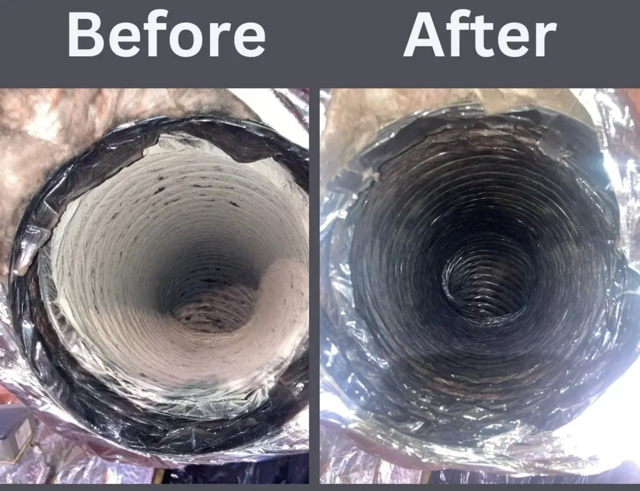 Comparison of air duct interior before and after cleaning, showing significant debris removal.