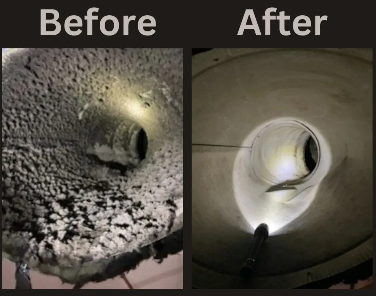 Comparison of a dirty chimney before and after cleaning. The 