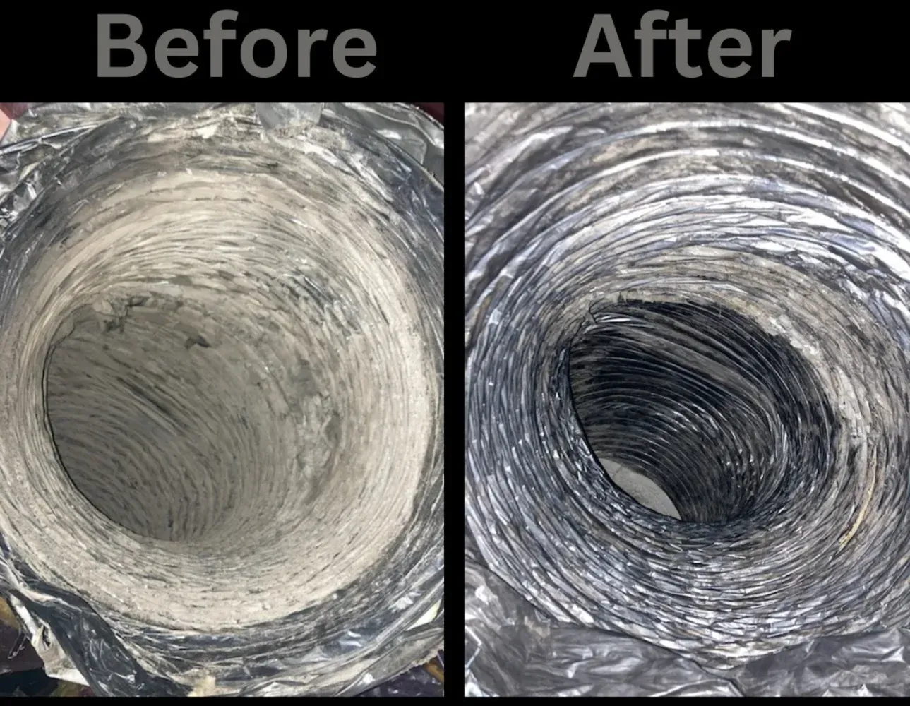Before and after shots of an air duct, showing significant buildup of debris and its removal.