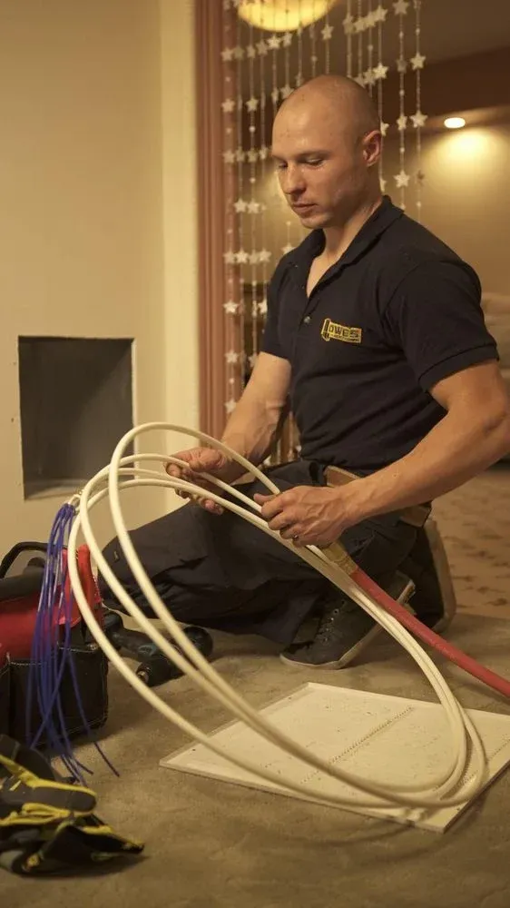 Man in a dark blue shirt crouches with white coiled tubing, a red tool, and a square hole in the wall.