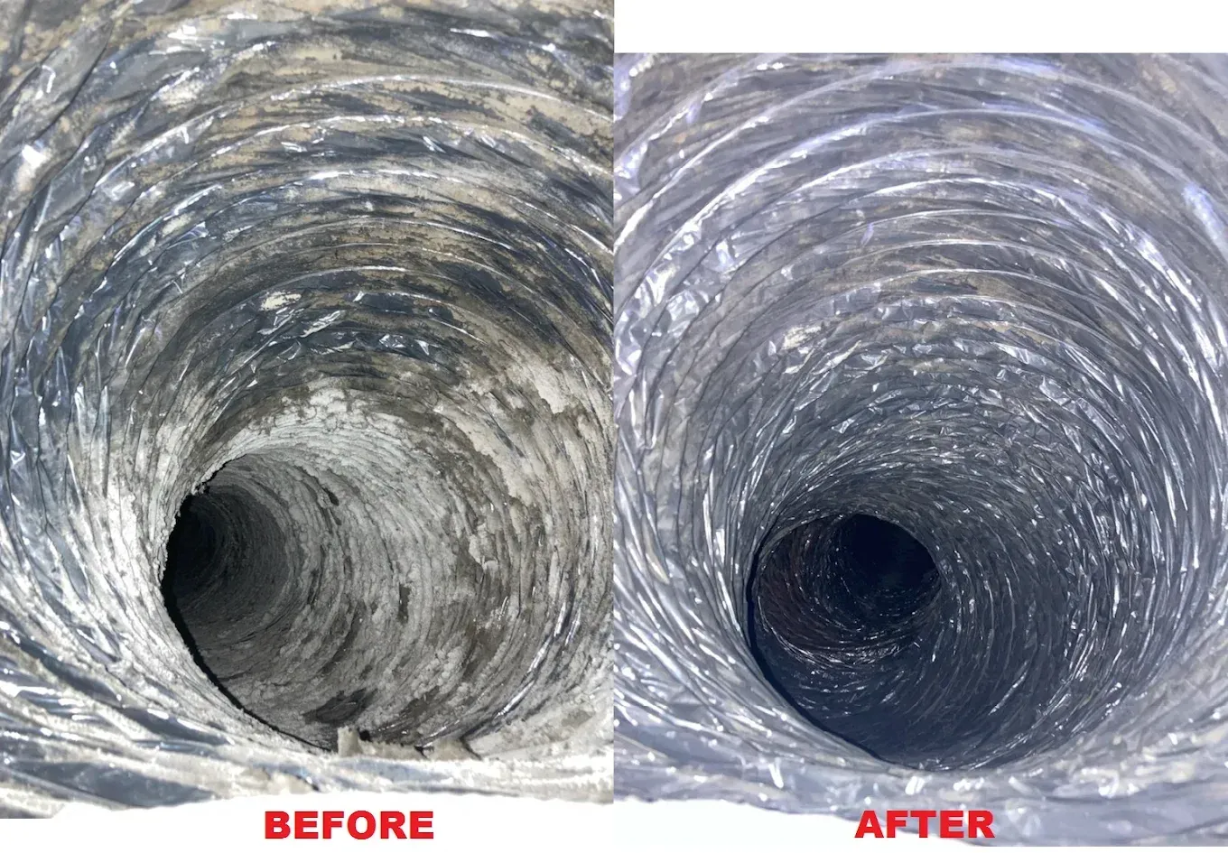 Before and after comparison of an air duct, showing significant cleaning improvement.