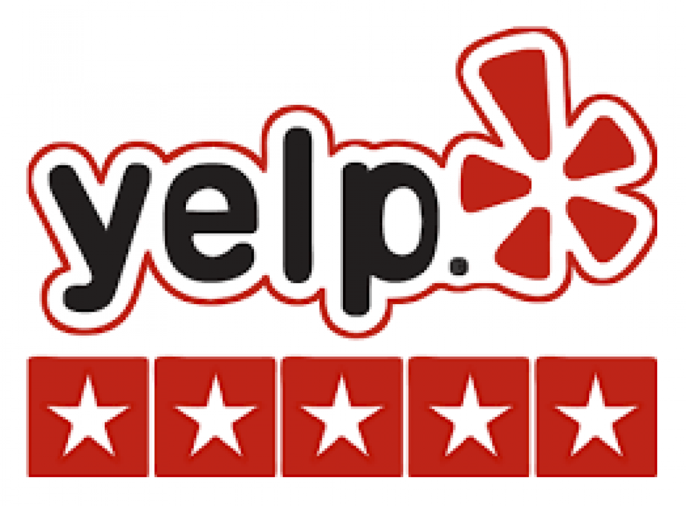 Yelp logo with text and exclamation point, and five red star ratings.