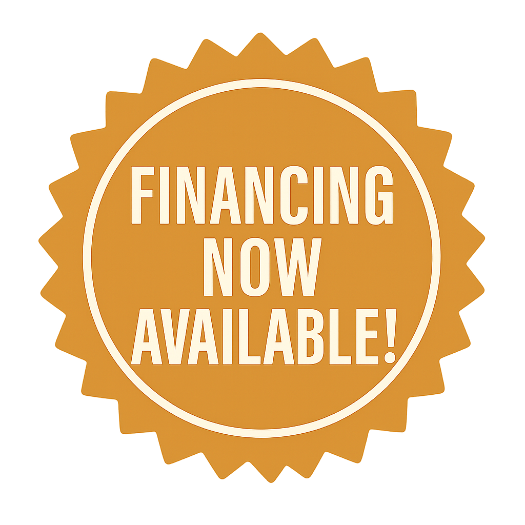 A sticker that says `` financing now available '' on a white background.