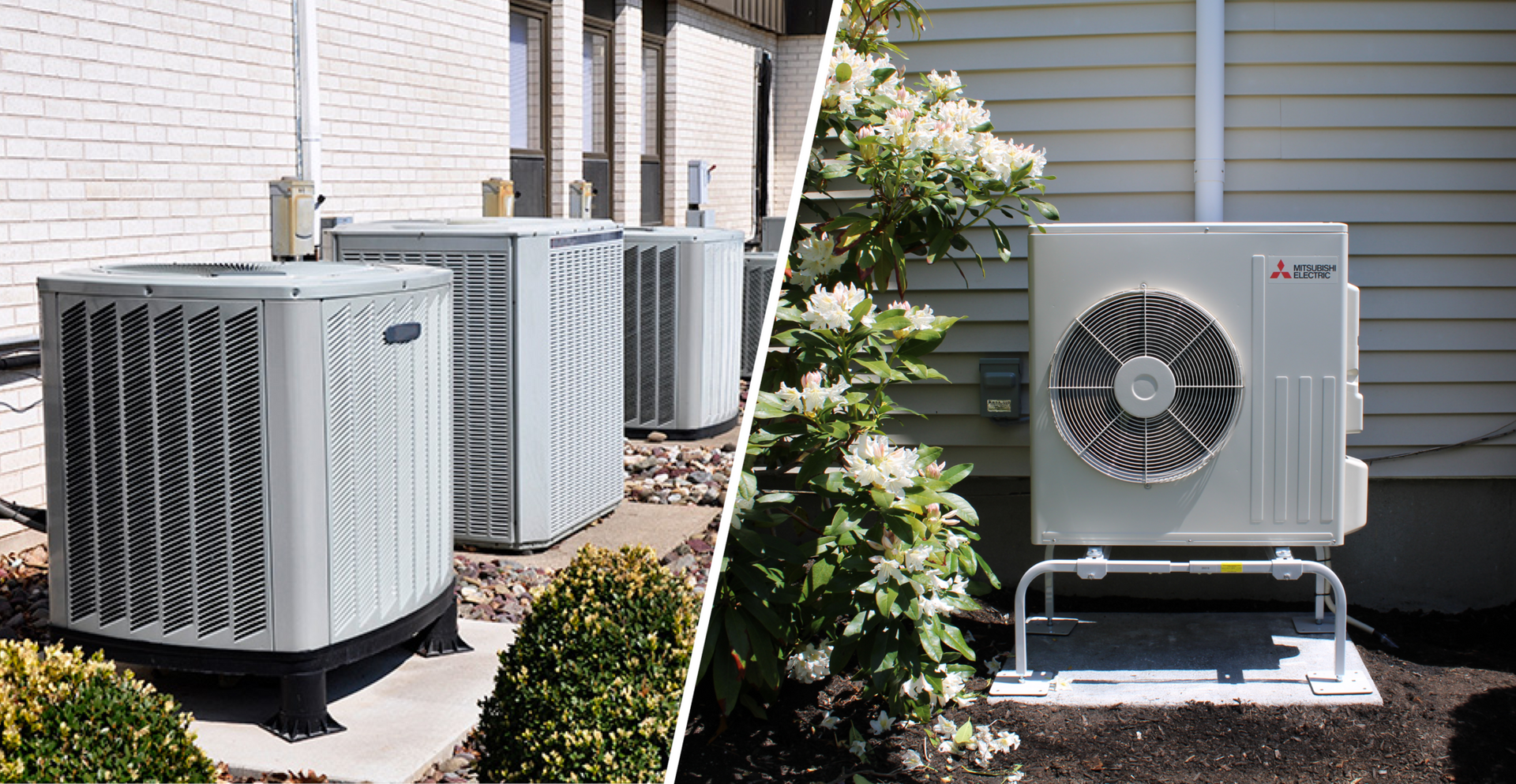 There are two pictures of air conditioners on the side of a house.