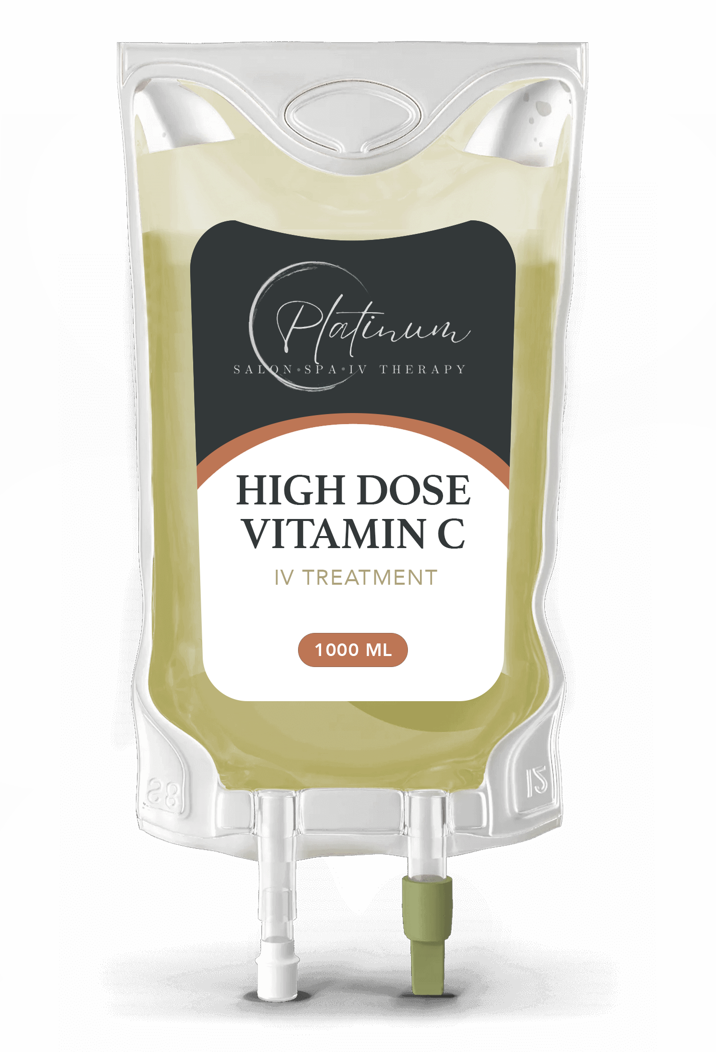 IV bag containing high-dose Vitamin C. Bag is filled with pale-yellow liquid and labeled 