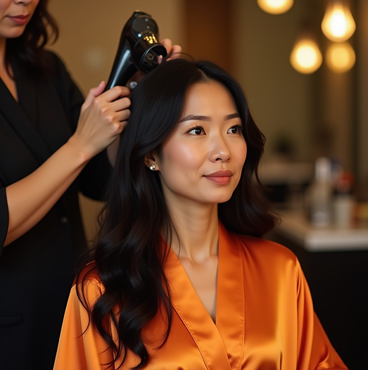 Woman having her hair styled with a blow dryer in a salon, wearing an orange robe.