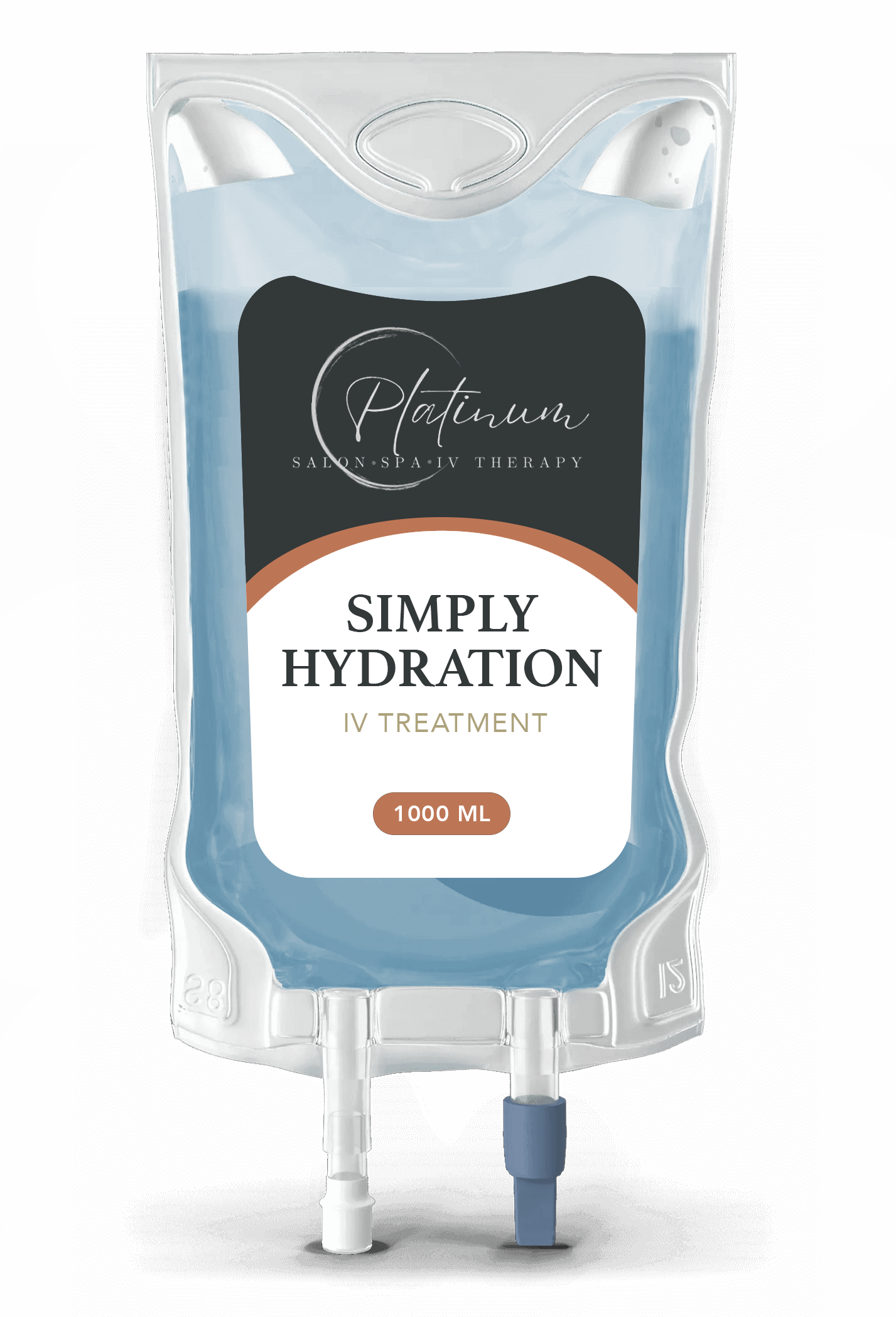 IV bag with blue liquid labeled 