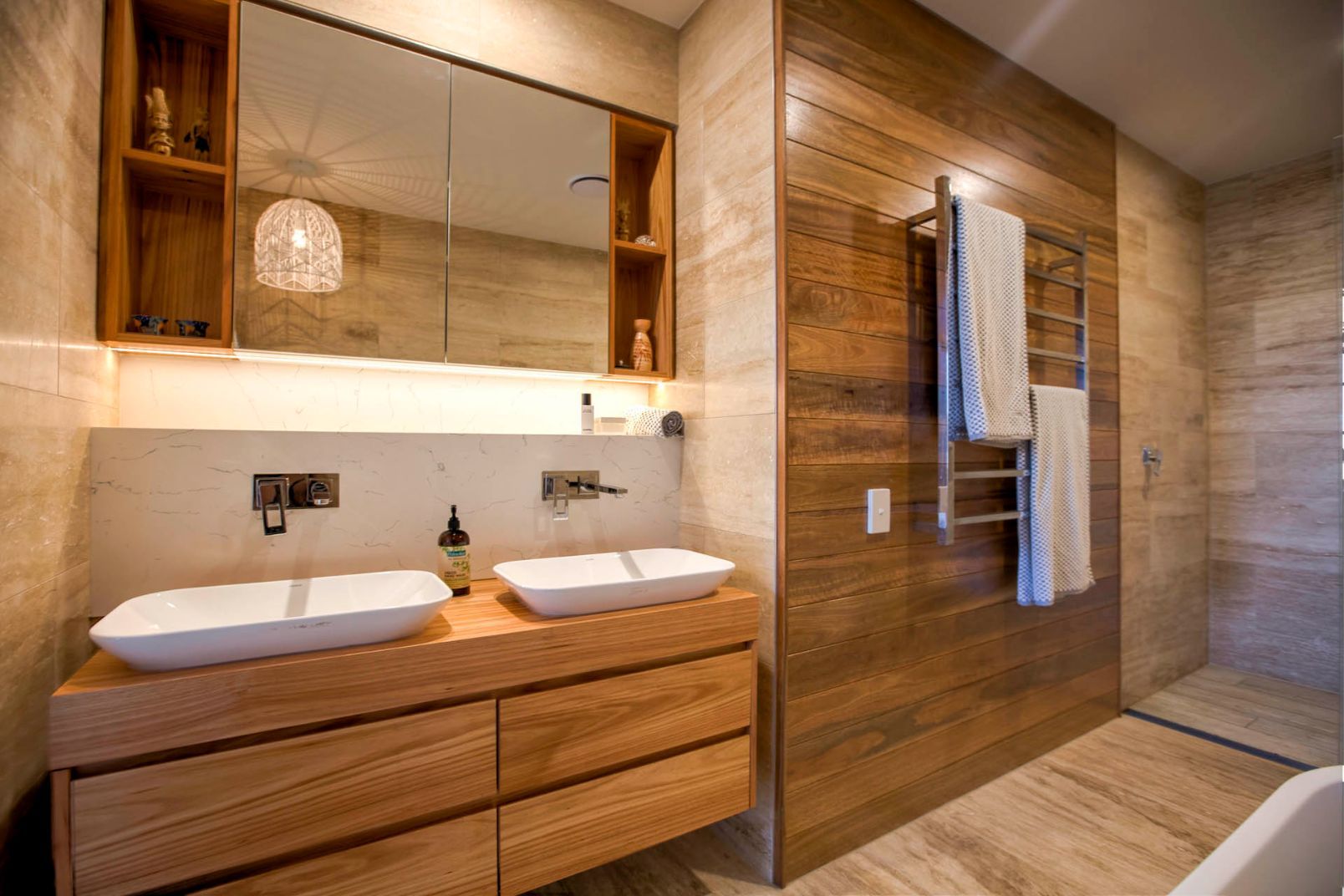 Modern Wooden Style Bathroom — Electricians in Coffs Harbour, NSW