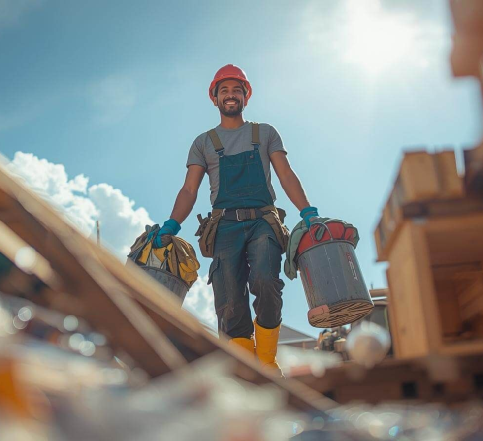 Construction worker carrying buckets of debris for construction cleanup and junk removal in Fountain Hills, AZ.