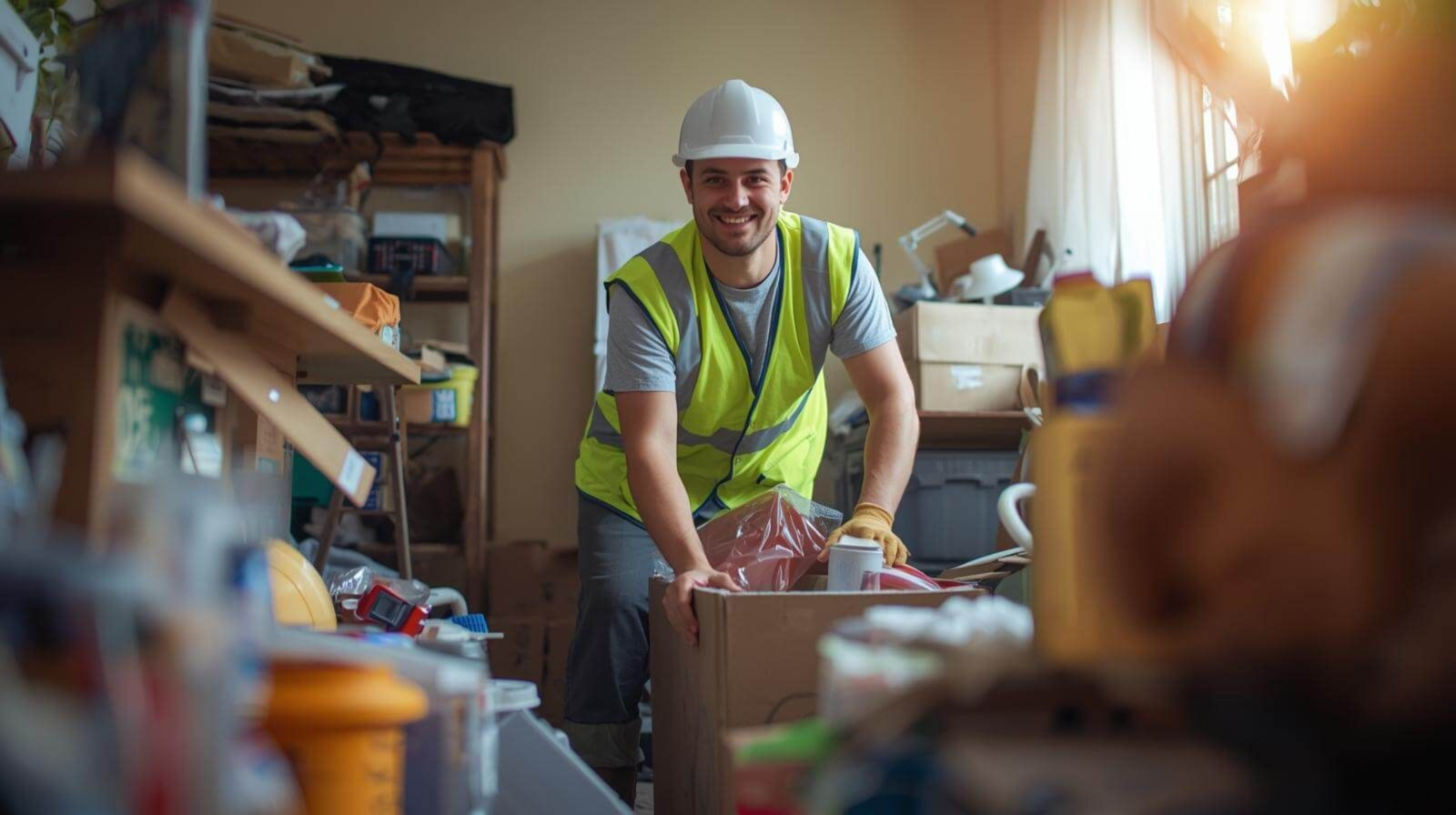 Professional junk removal worker cleaning out a hoarded home.