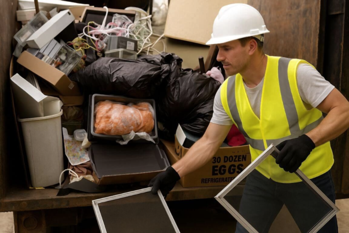 Junk removal worker loading trash bags and clutter into a hauling truck.