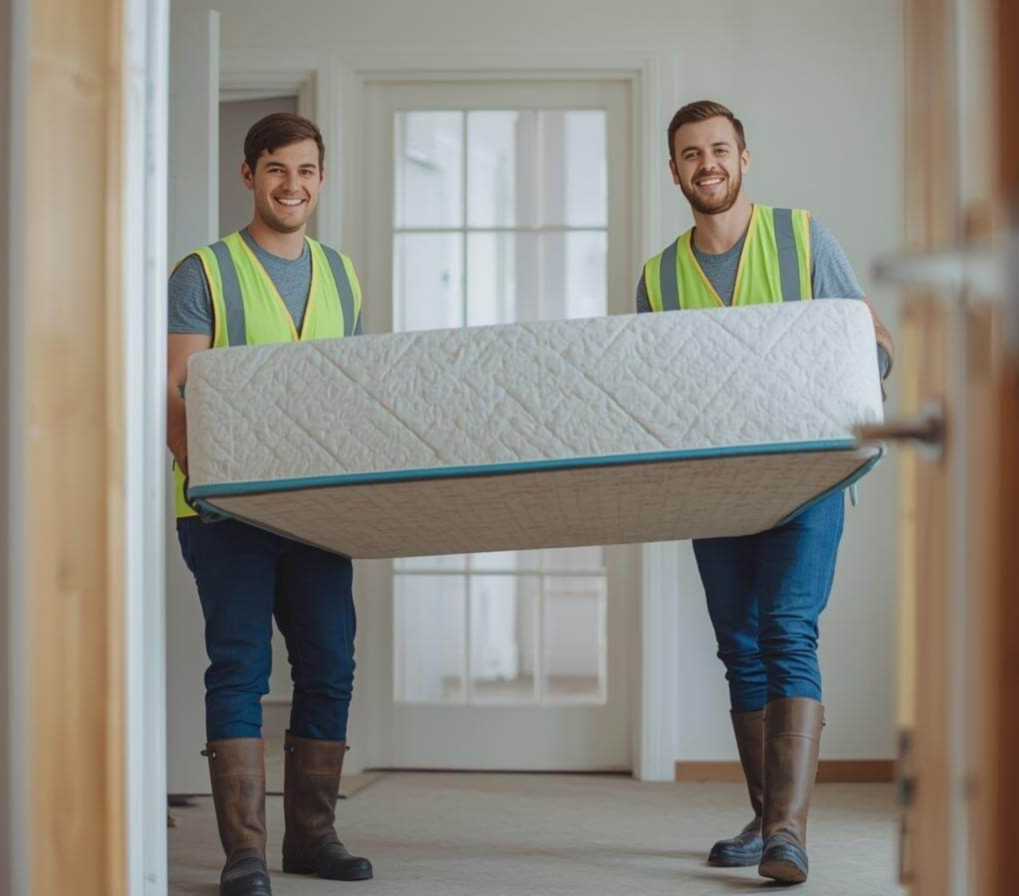 Two junk removal professionals removing a mattress from a house.
