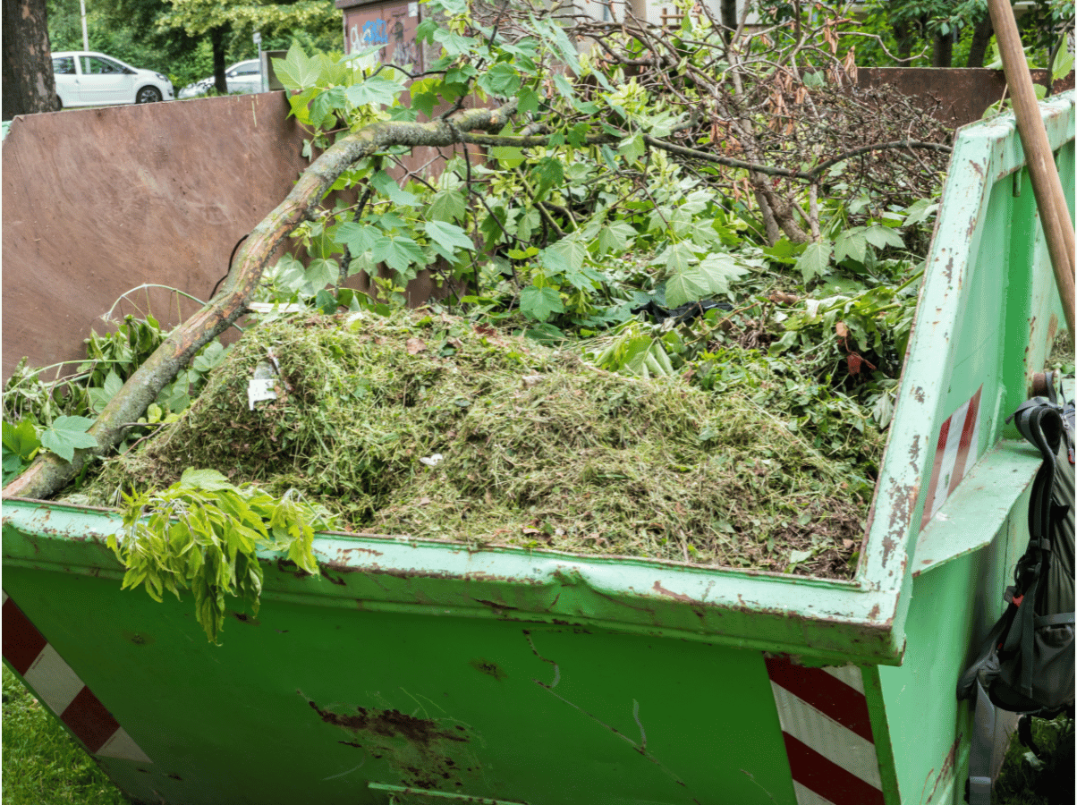 Green dumpster filled with branches, leaves, and yard debris for landscaping cleanup.