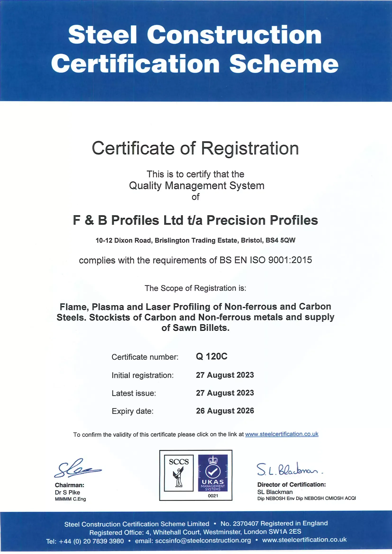 Precision Profiles | a certificate of registration for a steel construction certification scheme