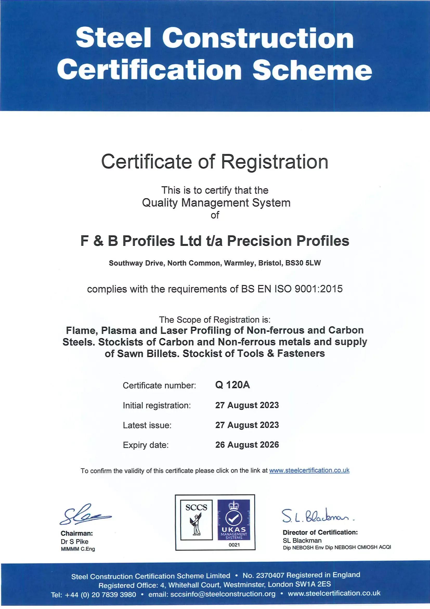 Precision Profiles | a certificate of registration for a steel construction certification scheme