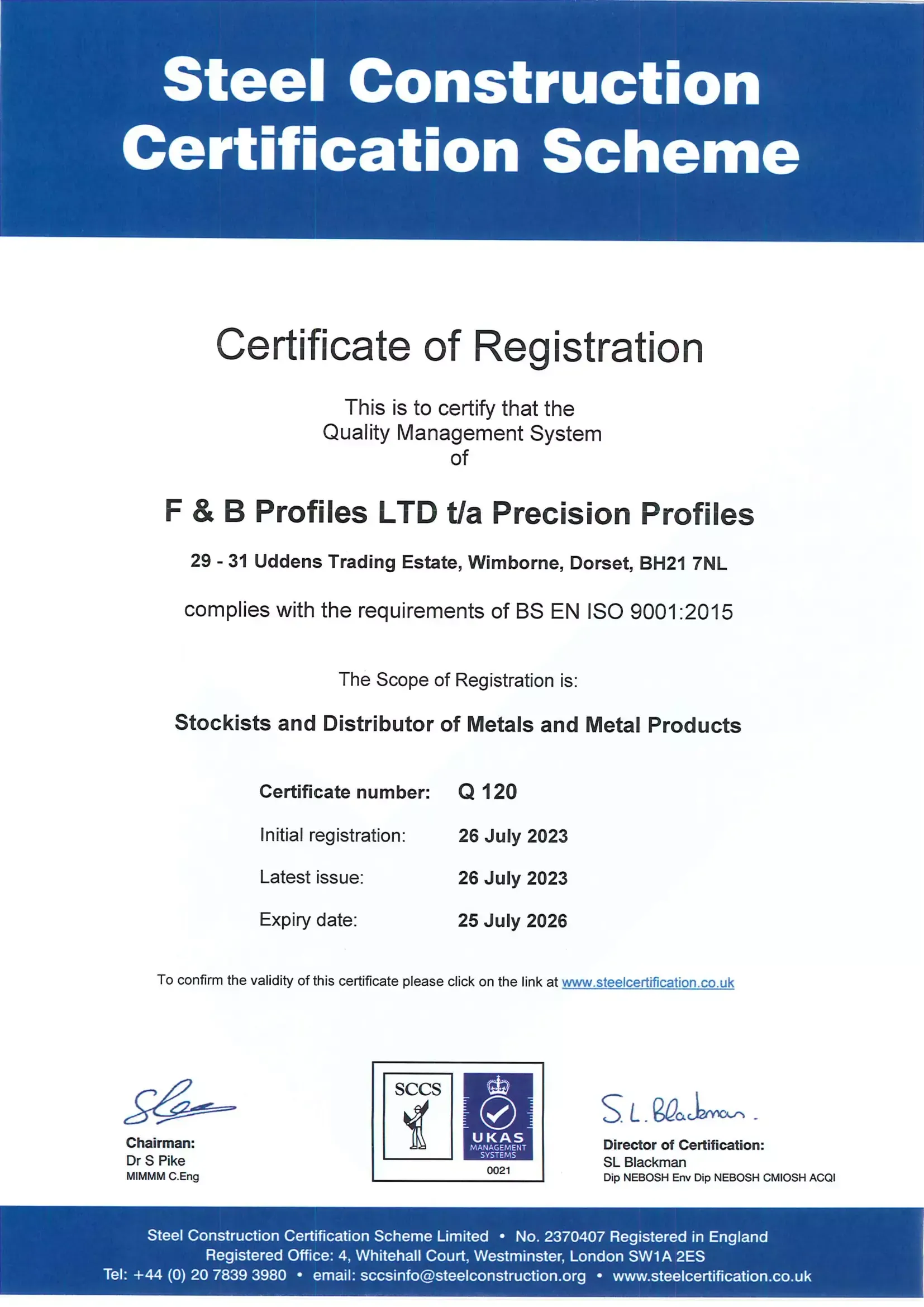 Precision Profiles | a certificate of registration for a steel construction certification scheme