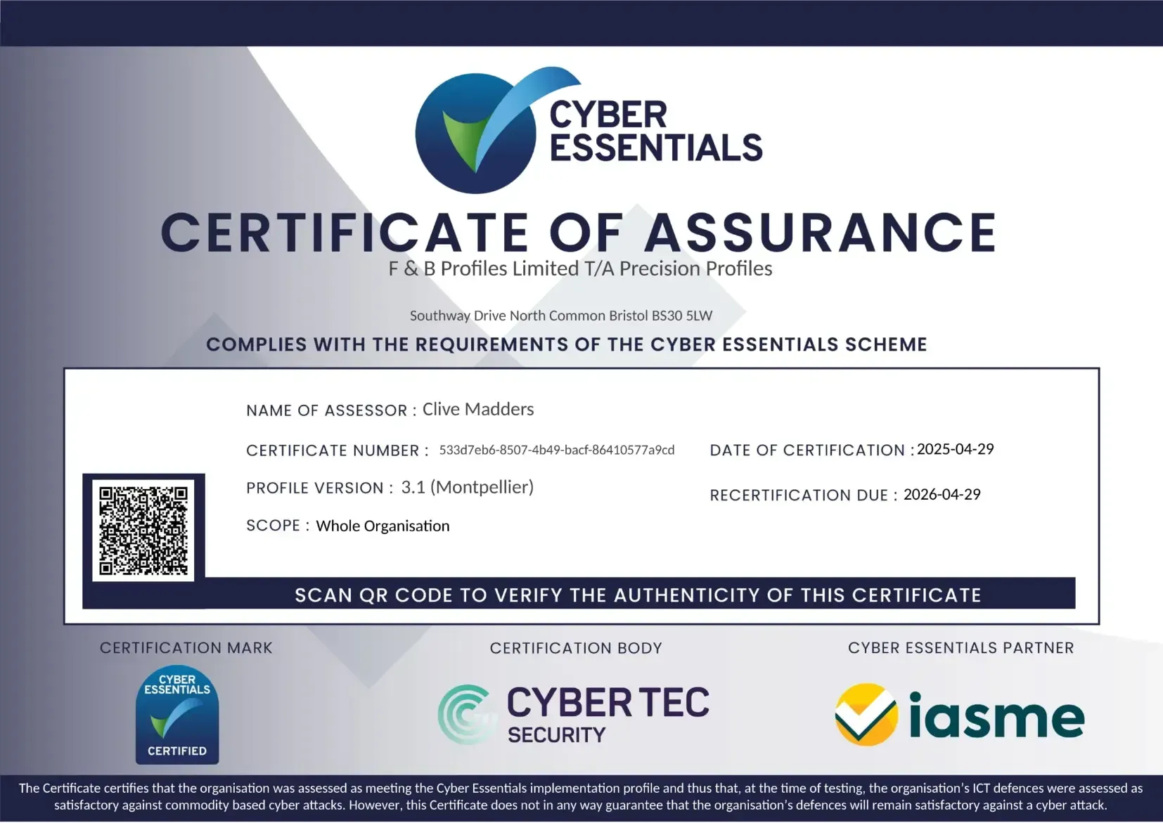 Precision Profiles | a cyber essentials certificate of assurance is displayed on a white background .