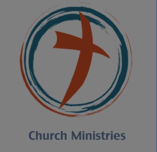 A logo for church ministries with a cross in a circle