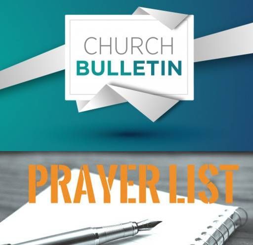 Church bulletin prayer list with a pen and notebook