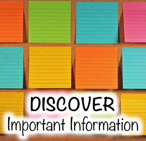 A bulletin board with colorful sticky notes and the words discover important information
