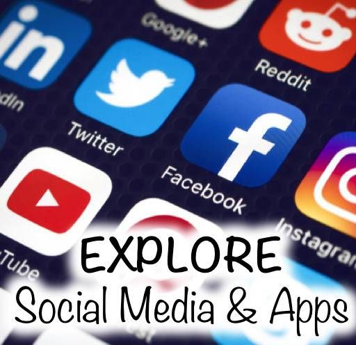 A bunch of social media icons with the words explore social media & apps