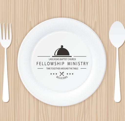 A white plate with fellowship ministry written on it
