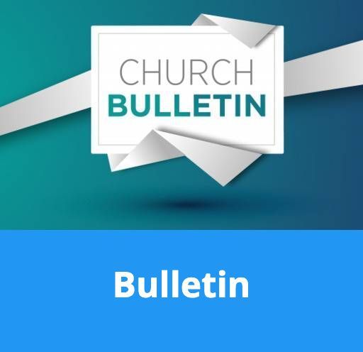 A church bulletin is displayed on a blue and green background.